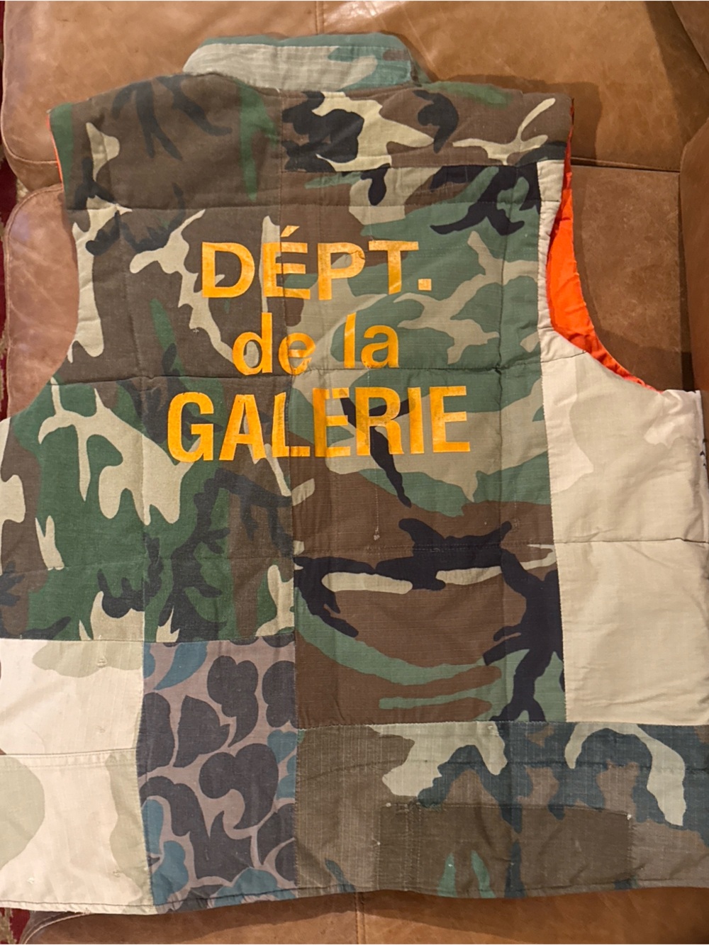 Gallery Dept Camo Patchwork Vest with Yellow Logo and Orange Lining